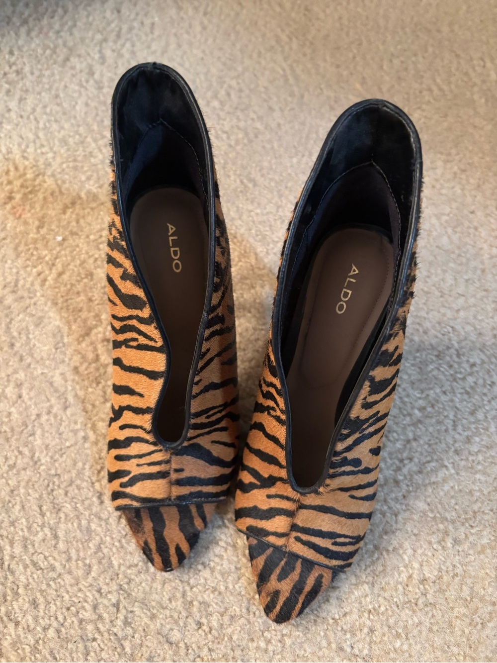 ALDO Tiger-Print Peep-Toe Heels in Brown and Black